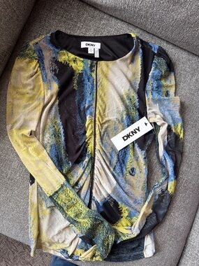 DKNY Abstract Brushstroke Long Sleeve Top in Yellow, Blue & Black